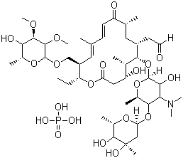 CAS # 1405-53-4, Tylosin phosphate, 2-[(4R,5S,6S,7R,9R,11E,13E,15R,16R)-6-[(2R,3R,4R,5S,6R)-5-[(2S,4R,5S,6S)-4,5-Dihydroxy-4,6-dimethyloxan-2-yl]oxy-4-dimethylamino-3-hydroxy-6-methyloxan-2-yl]oxy-16-ethyl-4-hydroxy-15-[[(2R,3R,4R,5R,6R)-5-hydroxy-3,4-dimethoxy-6-methyloxan-2-yl]oxymethyl]-5,9,13-trimethyl-2,10-dioxo-1-oxacyclohexadeca-11,13-dien-7-yl]acetaldehyde phosphate