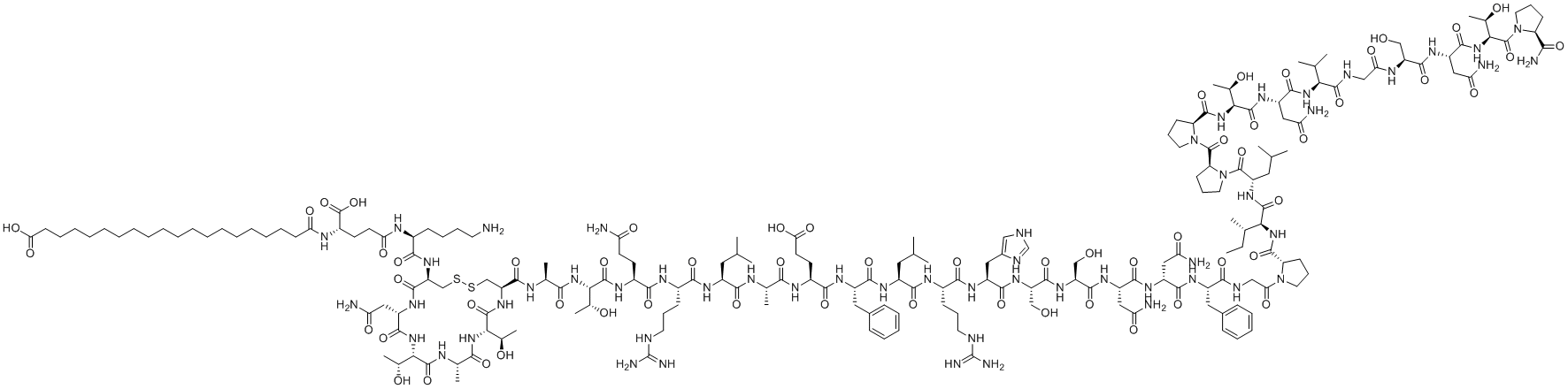 CAS # 1415456-99-3, Cagrilintide, 20-[[(1S)-4-[[(2S)-6-amino-1-[[(4R,7S,10S,13S,16S,19R)-4-[[(2S)-1-[[(2S,3R)-1-[[(2S)-5-amino-1-[[(2S)-1-[[(2S)-1-[[(2S)-1-[[(2S)-1-[[(2S)-1-[[(2S)-1-[[(2S)-1-[[(2S)-1-[[(2S)-1-[[(2S)-1-[[(2S)-4-amino-1-[[(2R)-4-amino-1-[[(2S)-1-[[2-[(2S)-2-[[(2S,3S)-1-[[(2S)-1-[(2S)-2-[(2S)-2-[[(2S,3R)-1-[[(2S)-4-amino-1-[[(2S)-1-[[2-[[(2S)-1-[[(2S)-4-amino-1-[[(2S,3R)-1-[(2S)-2-carbamoylpyrrolidin-1-yl]-3-hydroxy-1-oxobutan-2-yl]amino]-1,4-dioxobutan-2-yl]amino]-3-hydroxy-1-oxopropan-2-yl]amino]-2-oxoethyl]amino]-3-methyl-1-oxobutan-2-yl]amino]-1,4-dioxobutan-2-yl]amino]-3-hydroxy-1-oxobutan-2-yl]carbamoyl]pyrrolidine-1-carbonyl]pyrrolidin-1-yl]-4-methyl-1-oxopentan-2-yl]amino]-3-methyl-1-oxopentan-2-yl]carbamoyl]pyrrolidin-1-yl]-2-oxoethyl]amino]-1-oxo-3-phenylpropan-2-yl]amino]-1,4-dioxobutan-2-yl]amino]-1,4-dioxobutan-2-yl]amino]-3-hydroxy-1-oxopropan-2-yl]amino]-3-hydroxy-1-oxopropan-2-yl]amino]-3-(1H-imidazol-4-yl)-1-oxopropan-2-yl]amino]-5-carbamimidamido-1-oxopentan-2-yl]amino]-4-methyl-1-oxopentan-2-yl]amino]-1-oxo-3-phenylpropan-2-yl]amino]-4-carboxy-1-oxobutan-2-yl]amino]-1-oxopropan-2-yl]amino]-4-methyl-1-oxopentan-2-yl]amino]-5-carbamimidamido-1-oxopentan-2-yl]amino]-1,5-dioxopentan-2-yl]amino]-3-hydroxy-1-oxobutan-2-yl]amino]-1-oxopropan-2-yl]carbamoyl]-16-(2-amino-2-oxoethyl)-7,13-bis[(1R)-1-hydroxyethyl]-10-methyl-6,9,12,15,18-pentaoxo-1,2-dithia-5,8,11,14,17-pentazacycloicos-19-yl]amino]-1-oxohexan-2-yl]amino]-1-carboxy-4-oxobutyl]amino]-20-oxoicosanoic acid