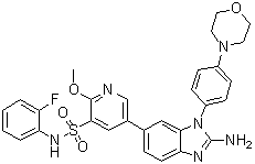 structure of CAS# 1416334-69-4, 5-(2-氨基-1-(4-吗啉基苯基)-1H-苯并咪唑-6-基)-N-(2-氟苯基)-2-甲氧基吡啶-3-磺酰胺