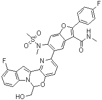 CAS 登录号：1427035-62-8, 5-[11-氟-6-(羟基甲基)-6H-吡啶并[2',3':5,6][1,3]恶嗪并[3,4-a]吲哚-2-基]-2-(4-氟苯基)-N-甲基-6-[甲基(甲基磺酰基)氨基]-3-苯并呋喃甲酰胺