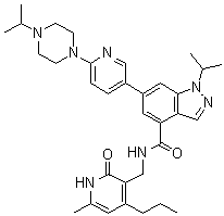 N-[(1,2-Dihydro-6-methyl-2-oxo-4-propyl-3-pyridinyl)methyl]-1-(1-methylethyl)-6-[6-[4-(1-methylethyl)-1-piperazinyl]-3-pyridinyl]-1H-indazole-4-carboxamide molecular structure (CAS 1431612-23-5)