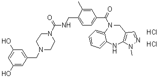 structure of CAS# 1432043-31-6, N-[[4-[(4,10-二氢-1-甲基吡唑并[3,4-b][1,5]苯并二氮杂卓-5(1H)-基)羰基]-2-甲基苯基]甲基]-4-[(3,5-二羟基苯基)甲基]-1-哌嗪甲酰胺二盐酸盐