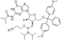 structure of CAS# 144089-97-4, 5'-O-[Bis(4-methoxyphenyl)phenylmethyl]-2'-deoxy-2'-fluoro-N-(2-methyl-1-oxopropyl)guanosine 3'-[2-cyanoethyl N,N-bis(1-methylethyl)phosphoramidite]