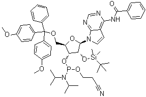 CAS # 144994-95-6, N-[7-[5-O-[Bis(4-methoxyphenyl)phenylmethyl]-3-O-[[bis(1-methylethyl)amino](2-cyanoethoxy)phosphino]-2-O-[(1,1-dimethylethyl)dimethylsilyl]-beta-D-ribofuranosyl]-7H-pyrrolo[2,3-d]pyrimidin-4-yl]benzamide