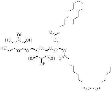 structure of CAS# 145033-48-3, (2S)-3-[(1-氧代十六烷基)氧基]-2-[[(9Z,12Z)-1-氧代-9,12-十八碳二烯-1-基]氧基]丙基6-O-alpha-D-吡喃半乳糖基-beta-D-吡喃半乳糖苷