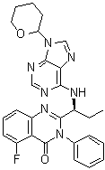 CAS # 1453810-71-3, 5-Fluoro-3-phenyl-2-[(1S)-1-[[9-(tetrahydro-2H-pyran-2-yl)-9H-purin-6-yl]amino]propyl]-4(3H)-quinazolinone