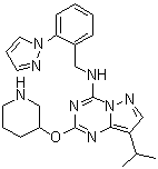 structure of CAS# 1453834-21-3, 8-(1-甲基乙基)-2-(3-哌啶基氧基)-N-[[2-(1H-吡唑-1-基)苯基]甲基]吡唑并[1,5-a]-1,3,5-三嗪-4-胺