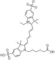 CAS 登录号：146368-11-8, 2-[5-[1-(5-羧基戊基)-1,3-二氢-3,3-二甲基-5-磺基-2H-吲哚-2-亚基]-1,3-戊二烯基]-1-乙基-3,3-二甲基-5-磺基-3H-吲哚鎓内盐