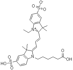 structure of CAS# 146368-13-0, 2-[3-[1-(5-羧基戊基)-1,3-二氢-3,3-二甲基-5-磺基-2H-吲哚-2-亚基]-1-丙烯-1-基]-1-乙基-3,3-二甲基-5-磺基-3H-吲哚鎓内盐