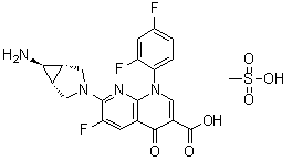 CAS # 147059-75-4, Trovafloxacin monomethanesulfonate, 7-[(1alpha,5alpha,6alpha)-6-Amino-3-azabicyclo[3.1.0]hex-3-yl]-1-(2,4-difluorophenyl)-6-fluoro-1,4-dihydro-4-oxo-1,8-naphthyridine-3-carboxylic acid methanesulfonate (1:1), CP 99219, CP 99219-27, Trovafloxacin mesylate, Trovafloxacin methanesulfonate, Trovafloxacin monomethanesulfonate, Trovan