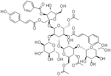 CAS # 147742-13-0, Tenuifoliose H, 3-O-Benzoyl-1-O-[(2E)-3-(4-hydroxyphenyl)-1-oxo-2-propen-1-yl]-beta-D-fructofuranosyl O-beta-D-glucopyranosyl-(1→3)-O-4,6-di-O-acetyl-beta-D-glucopyranosyl-(1→3)-O-[beta-D-glucopyranosyl-(1→2)]-alpha-D-glucopyranoside 6-acetate 4-[(2E)-3-(4-hydroxyphenyl)-2-propenoate]