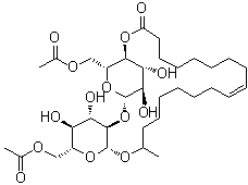 structure of CAS# 148409-20-5, (9Z,17S)-17-[[6-O-乙酰基-2-O-(6-O-乙酰基-beta-D-吡喃葡萄糖基)-beta-D-吡喃葡萄糖基]氧基]-9-十八碳烯酸 1,4''-内酯