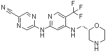 structure of CAS# 1489389-18-5, 5-[[4-[[(2R)-2-吗啉基甲基]氨基]-5-(三氟甲基)-2-吡啶基]氨基]-2-吡嗪甲腈