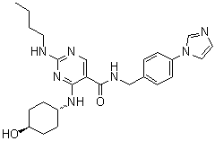 structure of CAS# 1493764-08-1, 2-(丁基氨基)-4-[(反式-4-羟基环己基)氨基]-N-[[4-(1H-咪唑-1-基)苯基]甲基]-5-嘧啶甲酰胺