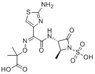 CAS # 149496-40-2, Aztreonam, 2-[(Z)-[1-(2-amino-1,3-thiazol-4-yl)-2-[[(2S,3S)-2-methyl-4-oxo-1-sulfoazetidin-3-yl]amino]-2-oxoethylidene]amino]oxy-2-methylpropanoic acid