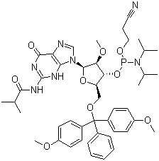 structure of CAS# 150780-67-9, 5'-O-(4,4-二甲氧基三苯甲基)-2'-O-甲基-N-异丁酰基鸟苷-3'-(2-氰基乙基-N,N-二异丙基)亚磷酰胺