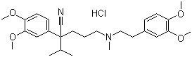 CAS # 152-11-4 (23313-68-0), (+/-)-Verapamil hydrochloride, alpha-(3-((2-(3,4-Dimethoxyphenyl)ethyl)methylamino)propyl)-3,4-dimethoxy-alpha-(1-methylethyl)-benzeneacetonitrile hydrochloride, 5-[N-(3,4-Dimethoxyphenylethyl)methylamino]-2-(3,4-dimethoxyphenyl)-2-isopropylvaleronitrile hydrochloride