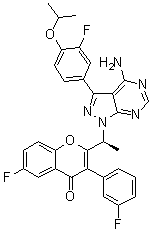 structure of CAS# 1532533-67-7, 2-[(1S)-1-[4-氨基-3-[3-氟-4-(1-甲基乙氧基)苯基]-1H-吡唑并[3,4-d]嘧啶-1-基]乙基]-6-氟-3-(3-氟苯基)-4H-1-苯并吡喃-4-酮