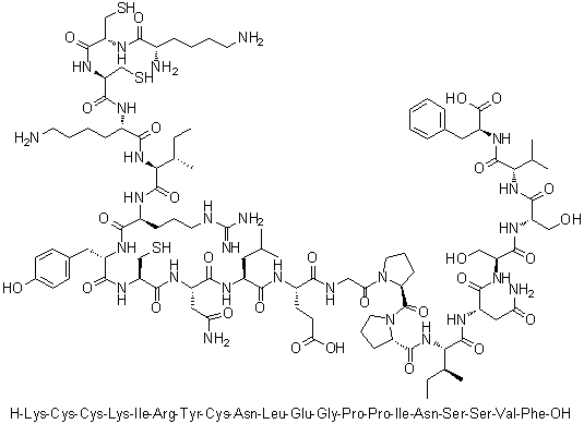 CAS # 1535181-64-6, L-Lysyl-L-cysteinyl-L-cysteinyl-L-lysyl-L-isoleucyl-L-arginyl-L-tyrosyl-L-cysteinyl-L-asparaginyl-L-leucyl-L-alpha-glutamylglycyl-L-prolyl-L-prolyl-L-isoleucyl-L-asparaginyl-L-seryl-L-seryl-L-valyl-L-phenylalanine
