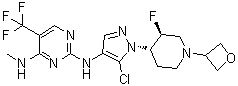 structure of CAS# 1536200-31-3, rel-N2-[5-Chloro-1-[(3R,4R)-3-fluoro-1-(3-oxetanyl)-4-piperidinyl]-1H-pyrazol-4-yl]-N4-methyl-5-(trifluoromethyl)-2,4-pyrimidinediamine