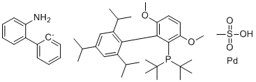 CAS # 1536473-72-9, [2'-(amino-&kappa;N)[1,1'-biphenyl]-2-yl-&kappa;C][[3,6-dimethoxy-2',4',6'-tris(1-methylethyl)[1,1'-biphenyl]-2-yl]bis(1,1-dimethylethyl)phosphine-&kappa;P](methanesulfonato-&kappa;O)-Palladium, tBuBrettPhos Pd G3