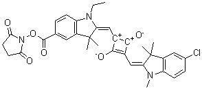structure of CAS# 154161-81-6, 1-[(5-Chloro-1,3-dihydro-1,3,3-trimethyl-2H-indol-2-ylidene)methyl]-3-[[5-[[(2,5-dioxo-1-pyrrolidinyl)oxy]carbonyl]-1-ethyl-1,3-dihydro-3,3-dimethyl-2H-indol-2-ylidene]methyl]-2,4-dihydroxycyclobutenediylium bis(inner salt)