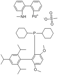 structure of CAS# 1599466-83-7, (SP-4-3)-[dicyclohexyl[3,6-dimethoxy-2',4',6'-tris(1-methylethyl)[1,1'-biphenyl]-2-yl]phosphine-&kappa;P](methanesulfonato-&kappa;O)[2'-(methylamino-&kappa;N)[1,1'-biphenyl]-2-yl-&kappa;C]-Palladium