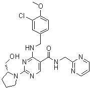 CAS # 1638497-26-3, 4-[[(3-Chloro-4-methoxyphenyl)methyl]amino]-2-[(2R)-2-(hydroxymethyl)-1-pyrrolidinyl]-N-(2-pyrimidinylmethyl)-5-pyrimidinecarboxamide