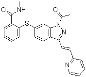 CAS 登录号：1639137-80-6, 2-[[1-乙酰基-3-[(1E)-2-(2-吡啶基)乙烯基]-1H-吲唑-6-基]硫基]-N-甲基苯甲酰胺