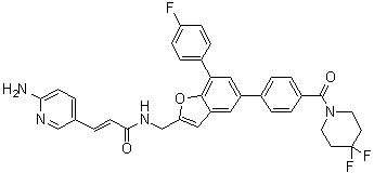 structure of CAS# 1643913-93-2, (2E)-3-(6-氨基-3-吡啶基)-N-[[5-[4-[(4,4-二氟-1-哌啶基)羰基]苯基]-7-(4-氟苯基)-2-苯并呋喃基]甲基]-2-丙烯酰胺