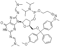 CAS # 166092-91-7, 5'-O-[Bis(4-methoxyphenyl)phenylmethyl]-2'-deoxy-N-[(dimethylamino)methylene]-8-[[(dimethylamino)methylene]amino]guanosine 3'-[2-cyanoethyl bis(1-methylethyl)phosphoramidite]