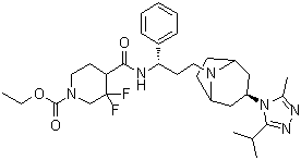 CAS # 1673576-00-5, 3,3-Difluoro-4-[[[(1S)-3-[(3-exo)-3-[3-methyl-5-(1-methylethyl)-4H-1,2,4-triazol-4-yl]-8-azabicyclo[3.2.1]oct-8-yl]-1-phenylpropyl]amino]carbonyl]-1-piperidinecarboxylic acid ethyl ester