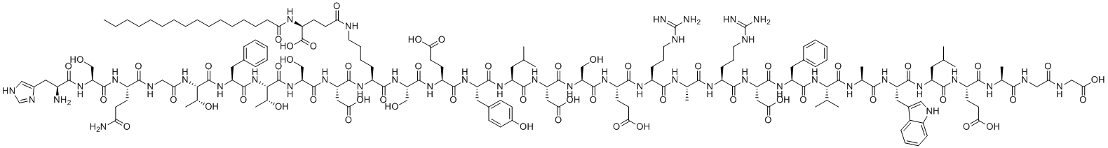 CAS # 1686108-82-6, Cotadutide, (2S)-5-[[(5S)-5-[[(2S)-2-[[(2S)-2-[[(2S,3R)-2-[[(2S)-2-[[(2S,3R)-2-[[2-[[(2S)-5-amino-2-[[(2S)-2-[[(2S)-2-amino-3-(1H-imidazol-4-yl)propanoyl]amino]-3-hydroxypropanoyl]amino]-5-oxopentanoyl]amino]acetyl]amino]-3-hydroxybutanoyl]amino]-3-phenylpropanoyl]amino]-3-hydroxybutanoyl]amino]-3-hydroxypropanoyl]amino]-3-carboxypropanoyl]amino]-6-[[(2S)-1-[[(2S)-1-[[(2S)-1-[[(2S)-1-[[(2S)-1-[[(2S)-1-[[(2S)-1-[[(2S)-5-carbamimidamido-1-[[(2S)-1-[[(2S)-5-carbamimidamido-1-[[(2S)-3-carboxy-1-[[(2S)-1-[[(2S)-1-[[(2S)-1-[[(2S)-1-[[(2S)-1-[[(2S)-4-carboxy-1-[[(2S)-1-[[2-(carboxymethylamino)-2-oxoethyl]amino]-1-oxopropan-2-yl]amino]-1-oxobutan-2-yl]amino]-4-methyl-1-oxopentan-2-yl]amino]-3-(1H-indol-3-yl)-1-oxopropan-2-yl]amino]-1-oxopropan-2-yl]amino]-3-methyl-1-oxobutan-2-yl]amino]-1-oxo-3-phenylpropan-2-yl]amino]-1-oxopropan-2-yl]amino]-1-oxopentan-2-yl]amino]-1-oxopropan-2-yl]amino]-1-oxopentan-2-yl]amino]-4-carboxy-1-oxobutan-2-yl]amino]-3-hydroxy-1-oxopropan-2-yl]amino]-3-carboxy-1-oxopropan-2-yl]amino]-4-methyl-1-oxopentan-2-yl]amino]-3-(4-hydroxyphenyl)-1-oxopropan-2-yl]amino]-4-carboxy-1-oxobutan-2-yl]amino]-3-hydroxy-1-oxopropan-2-yl]amino]-6-oxohexyl]amino]-2-(hexadecanoylamino)-5-oxopentanoic acid