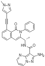 structure of CAS# 1693758-51-8, 2-氨基-N-[(1S)-1-[1,2-二氢-8-[2-(1-甲基-1H-吡唑-4-基)乙炔基]-1-氧代-2-苯基-3-异喹啉基]乙基]-吡唑并[1,5-a]嘧啶-3-甲酰胺