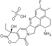 CAS # 169869-90-3, Exatecan mesylate, DX 8951f, (10S,23S)-23-amino-10-ethyl-18-fluoro-10-hydroxy-19-methyl-8-oxa-4,15-diazahexacyclo[14.7.1.02,14.04,13.06,11.020,24]tetracosa-1,6(11),12,14,16,18,20(24)-heptaene-5,9-dione,methanesulfonic acid