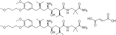 CAS # 173334-58-2, Aliskiren hemifumarate, (2S,4S,5S,7S)-5-Amino-N-(2-carbamoyl-2-methylpropyl)-4-hydroxy-2-isopropyl-7-[4-methoxy-3-(3-methoxypropoxy)benzyl]-8-methylnonanamide hemifumarate