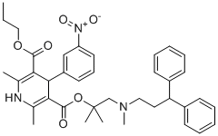 CAS # 1797124-83-4, Lercanidipine Impurity C, Yxuggqwbdbazou-uhfffaoysa-N,5-O-[1-[3,3-diphenylpropyl(methyl)amino]-2-methylpropan-2-yl] 3-O-propyl 2,6-dimethyl-4-(3-nitrophenyl)-1,4-dihydropyridine-3,5-dicarboxylate