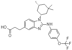 CAS 登录号：1803274-65-8, 2-[[4-(三氟甲氧基)苯基]氨基]-1-[(1R,5R)-3,3,5-三甲基环己基]-1H-苯并咪唑-5-丙酸