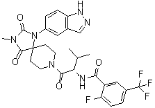 CAS # 1815589-51-5, 2-Fluoro-N-[(1S)-1-[[1-(1H-indazol-5-yl)-3-methyl-2,4-dioxo-1,3,8-triazaspiro[4.5]dec-8-yl]carbonyl]-2-methylpropyl]-5-(trifluoromethyl)benzamide