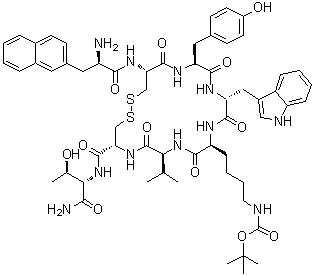 3-(2-Naphthalenyl)-D-alanyl-L-cysteinyl-L-tyrosyl-D-tryptophyl-N6-[(1,1-dimethylethoxy)carbonyl]-L-lysyl-L-valyl-L-cysteinyl-L-threoninamide cyclic (2→7)-disulfide molecular structure (CAS 182482-12-8)