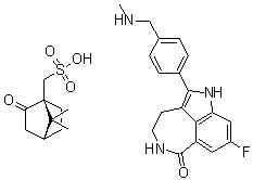 structure of CAS# 1859053-21-6, (1S,4R)-7,7-二甲基-2-氧代-双环[2.2.1]庚烷-1-甲烷磺酸与8-氟-1,3,4,5-四氢-2-[4-[(甲基氨基)甲基]苯基]-6H-吡咯并[4,3,2-ef][2]苯并氮杂卓-6-酮的化合物