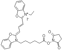 structure of CAS# 186205-33-4, 2-[3-[3-[6-[(2,5-二氧代-1-吡咯烷基)氧基]-6-氧代己基]-2(3H)-苯并恶唑亚基]-1-丙烯基]-3-乙基苯并恶唑鎓碘化物