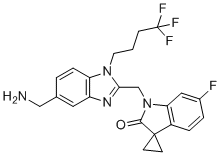 CAS # 1903763-82-5, Sisunatovir, 1'-[[5-(aminomethyl)-1-(4,4,4-trifluorobutyl)benzimidazol-2-yl]methyl]-6'-fluorospiro[cyclopropane-1,3'-indole]-2'-one