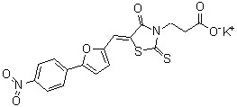 structure of CAS# 1956356-56-1, (5Z)-5-[[5-(4-硝基苯基)-2-呋喃基]亚甲基]-4-氧代-2-硫代-3-噻唑烷丙酸钾盐