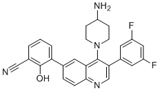 structure of CAS# 2172870-89-0, 3-[4-(4-氨基-1-哌啶基)-3-(3,5-二氟苯基)-6-喹啉基]-2-羟基苯甲腈