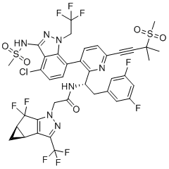 CAS # 2189684-44-2, Lenacapavir, N-[(1S)-1-[3-[4-chloro-3-(methanesulfonamido)-1-(2,2,2-trifluoroethyl)indazol-7-yl]-6-(3-methyl-3-methylsulfonylbut-1-ynyl)pyridin-2-yl]-2-(3,5-difluorophenyl)ethyl]-2-[(2S,4R)-5,5-difluoro-9-(trifluoromethyl)-7,8-diazatricyclo[4.3.0.02,4]nona-1(6),8-dien-7-yl]acetamide