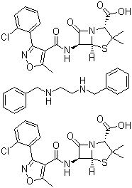 CAS # 23736-58-5, Cloxacillin benzathine, (2S-(2alpha,5alpha,6beta))-6-(((3-(2-Chlorophenyl)-5-methyl-4-isoxazolyl)carbonyl)amino)-3,3-dimethyl-7-oxo-4-thia-1-azabicyclo(3.2.0)heptane-2-carboxylic acid N,N'-bis(phenylmethyl)-1,2-ethanediamine (2:1)