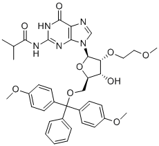 structure of CAS# 251647-50-4, N-(9-((2R,3R,4R,5R)-5-((Bis(4-methoxyphenyl)(phenyl)methoxy)methyl)-4-hydroxy-3-(2-methoxyethoxy)tetrahydrofuran-2-yl)-6-oxo-6,9-dihydro-1H-purin-2-yl)isobutyramide
