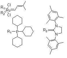 structure of CAS# 253688-91-4, [1,3-双(2,4,6-三甲基苯基)-2-咪唑烷亚基](3-甲基-2-丁烯亚基)(三环己基膦)二氯化钌(II)