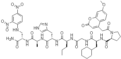 structure of CAS# 256394-94-2, 1-[(7-甲氧基-2-氧代-2H-1-苯并吡喃-4-基)乙酰基]-L-脯氨酰-3-环己基-L-丙氨酰甘氨酰-L-正缬氨酰-L-组氨酰-L-丙氨酰-3-[(2,4-二硝基苯基)氨基]-L-丙氨酰胺